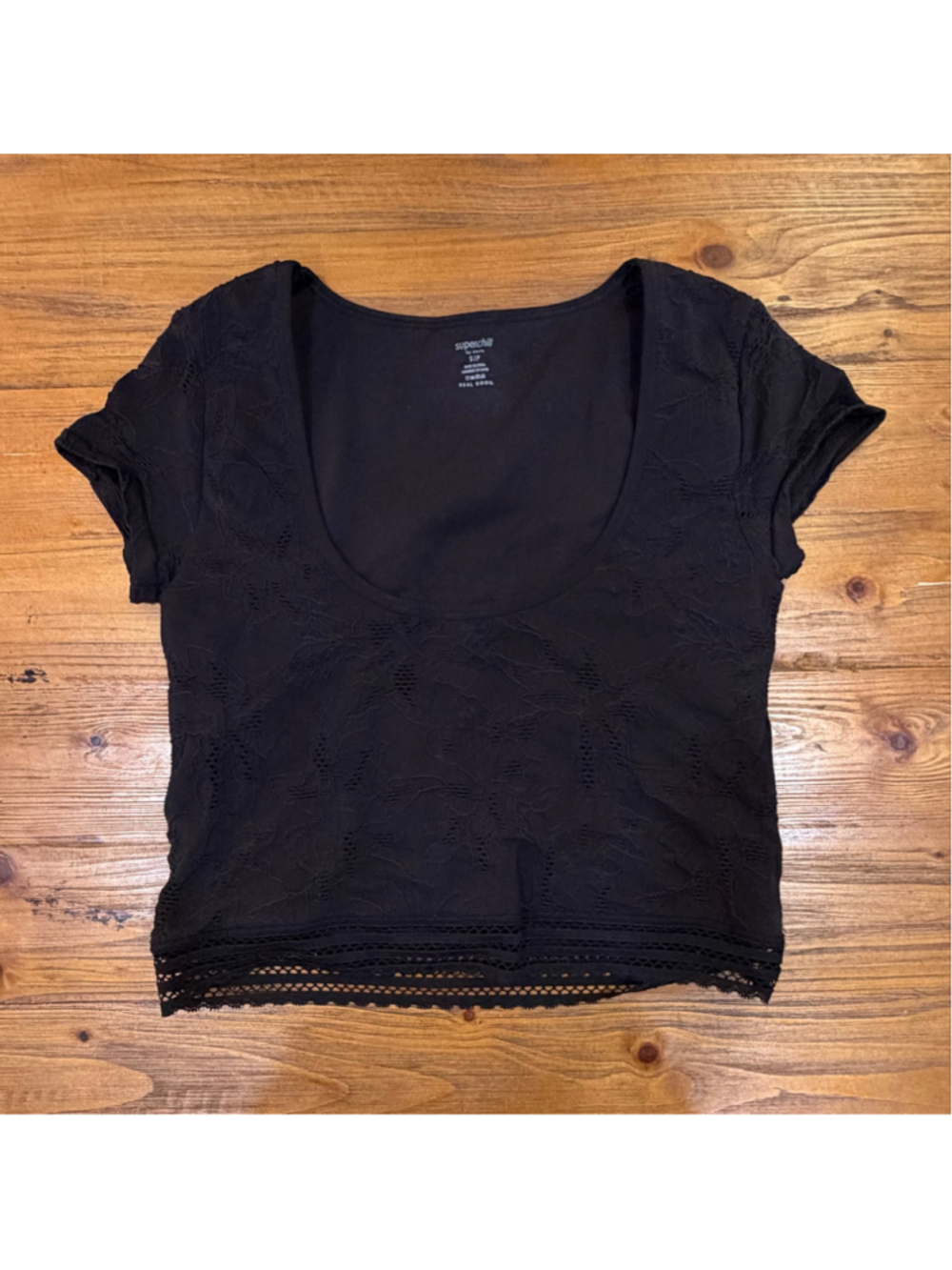 Aerie Superchill Short Sleeve Lace Crop Top Black Size S